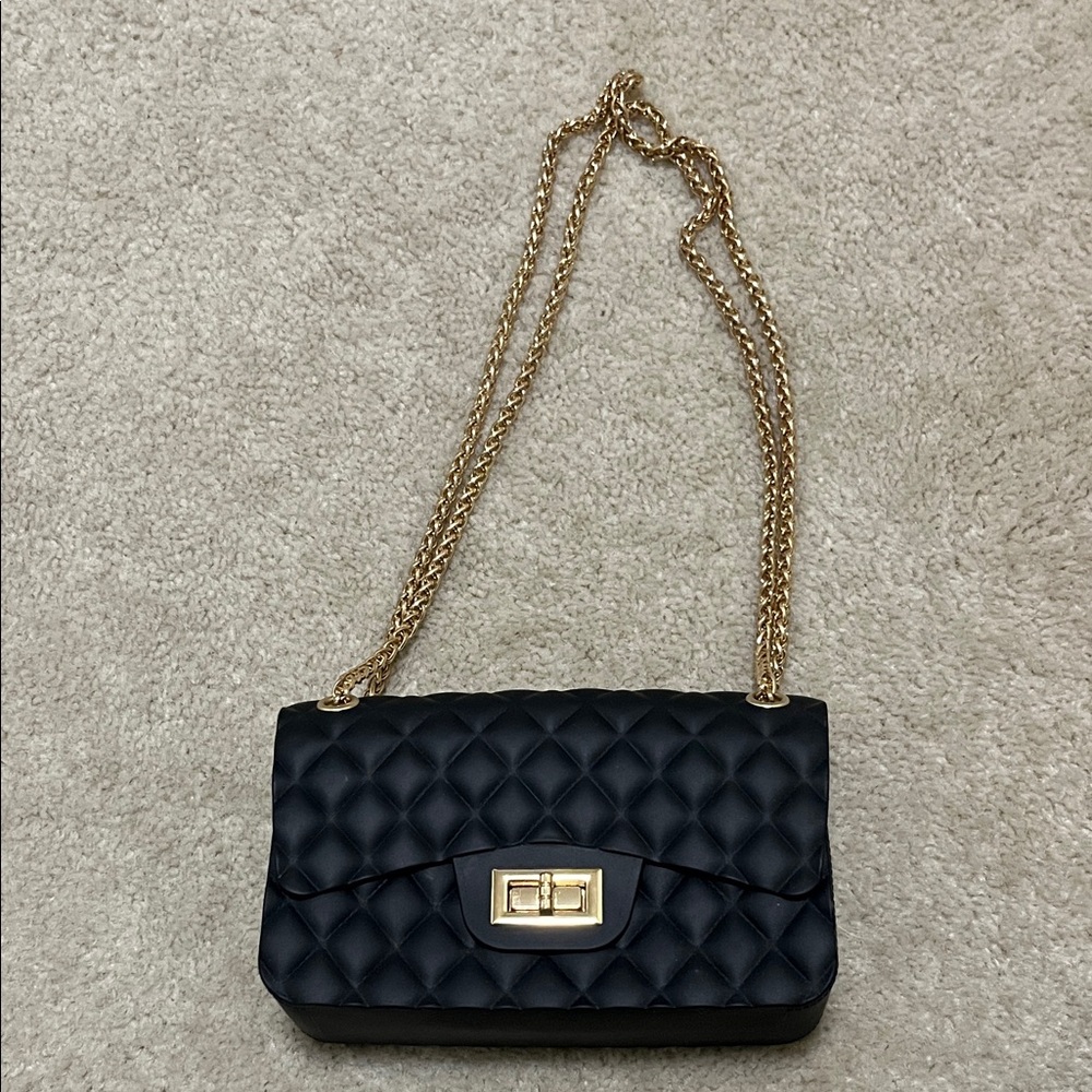 Black Quilted Chain Shoulder Bag with Gold Hardware